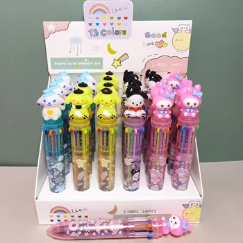 24шт Sanrio 12-цветная силиконовая шариковая ручка для прессования аниме Cute Kurome Melody Cinnamon Студенческая цветная ручка для руководства Diy Канцелярские принадлежности