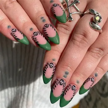 24шт Матовые темно-зеленые французские накладные ногти с декором из матовых черных листьев, Миндальные Круглые накладные ногти, наклеенные на готовые кончики ногтей