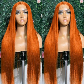 30-32 дюйма, Имбирно-оранжевый, 13x4 Косточки, Прямые Бразильские Парики из человеческих волос на кружеве, Цветные Прозрачные Парики на кружеве Для женщин