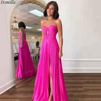 Itsmilla Ярко-розовые вечерние платья для выпускного вечера с высоким разрезом в виде сердца, плиссированные трапециевидные длинные вечерние платья для женщин, свадьбы
