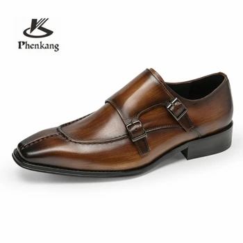 Phenkang/ Мужские кожаные туфли Monk Без застежки, элегантные свадебные Деловые повседневные туфли-оксфорды роскошного бренда с пряжкой для мужчин