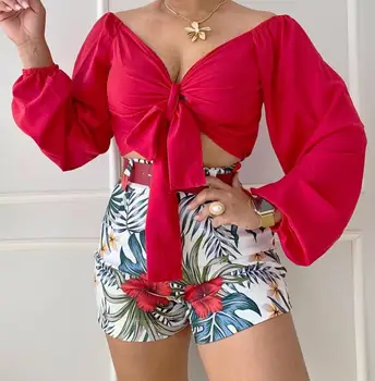 POFGD 2022, женские летние шорты с V-образным вырезом и цветочным принтом с длинным рукавом, комплект из 2 предметов, соответствующие комплекты, сексуальные клубные наряды на день рождения