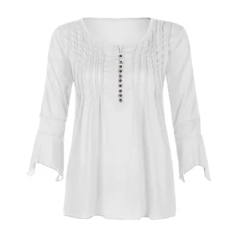 Белая шифоновая рубашка с рукавом три четверти, тонкая кружевная блузка с круглым вырезом и пуговицами, блузка Blusa Блузка женские топы уличной одежды