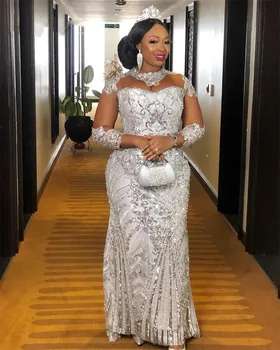 Блестящие серебряные платья выпускного вечера в стиле африканской русалки, жемчуг, блестящие пайетки, большие размеры, свадебная одежда для вечеринок, халаты De Soirée