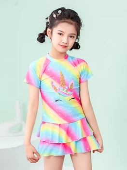 Детский купальник для девочек, Корейские детские купальники для девочек, цельный купальник цвета радуги, многослойная юбка, детская защита от пикника