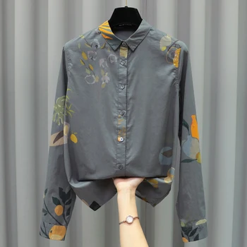 Женская серая рубашка с принтом, блузка, женская рубашка с длинными рукавами, женские весенние новые топы с принтом