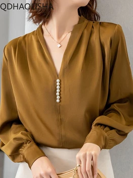 Женские блузки, корейская модная профессиональная рубашка, винтажный элегантный топ с V-образным вырезом и длинными рукавами, однотонная женская одежда для поездок на работу