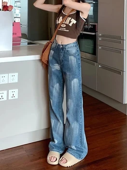 Женские джинсы с высокой талией, Весенняя модная уличная одежда 2023, прямые широкие брюки, синие винтажные Свободные Повседневные женские джинсовые брюки