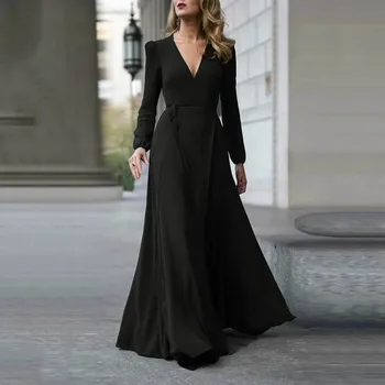 Женское однотонное платье с длинным рукавом и V-образным вырезом, Кружевное платье для выпускного вечера, платье с длинным разрезом