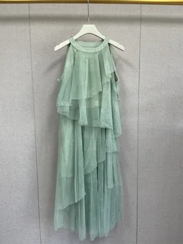 Женское платье 2023, летнее новое зеленое платье без рукавов с коротким рукавом в горошек, нерегулярная сетка, без рукавов