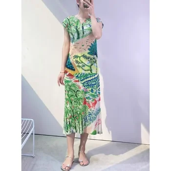 Женское Плиссированное платье средней длины без рукавов с V-образным вырезом и сельским принтом Miyake, Стильное платье А-силуэта, Женская одежда
