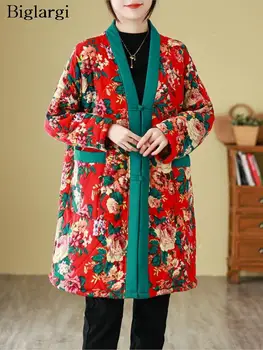 Зимнее хлопковое пушистое пальто Миди с подкладкой, женское пальто в этническом стиле Modis, женские куртки с цветочным принтом, женские куртки с длинным рукавом, пальто