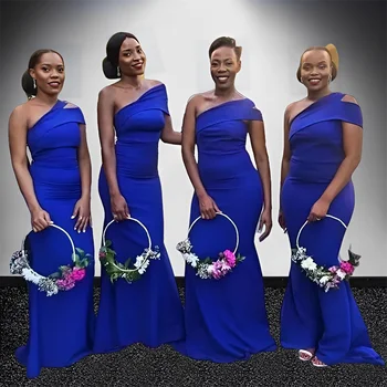 Королевские синие платья-футляры для подружек невесты Без рукавов на одно плечо, Длинное Африканское Женское свадебное платье-русалка для подружек невесты