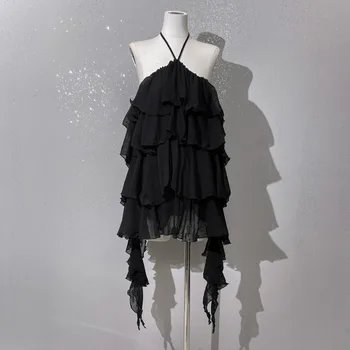 Многослойное мини-платье с украшением в горошек из смеси шелка, повседневная мода 2023, летний новый стиль 0316