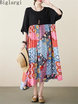 Новое летнее винтажное свободное Женское платье с цветочным узором в Корейском стиле, пуловер большого размера, женские повседневные хлопковые длинные платья трапециевидной формы.