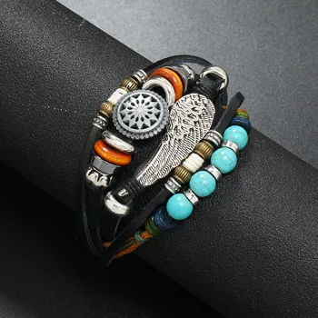 Новые модные кожаные браслеты с крестом для мужчин, многослойный кожаный браслет ручной работы с магнитной застежкой, ювелирный браслет бирюзового цвета