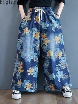 Оверсайз, Корейские летние новые модные Женские широкие брюки из денима с цветочным рисунком, повседневные Свободные женские хлопковые брюки с принтом большого размера