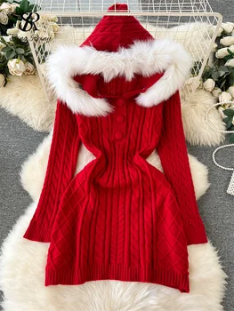 ОДНОТОННОЕ Зимнее Новогоднее платье-свитер с капюшоном и длинными рукавами, плотное Теплое женское элегантное трикотажное платье миди