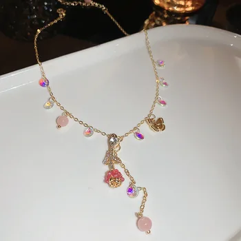 Ожерелье из хрусталя с цветами и бабочками, ожерелье с кисточками, цепочка на ключицу, женское ожерелье