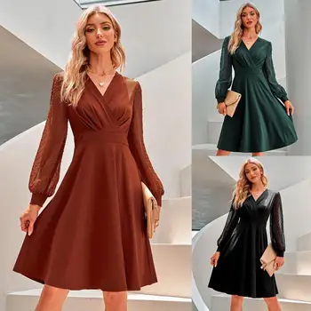 Осенне-зимние женские платья из жаккарда с V-образным вырезом и длинными рукавами нового тренда 2022 года