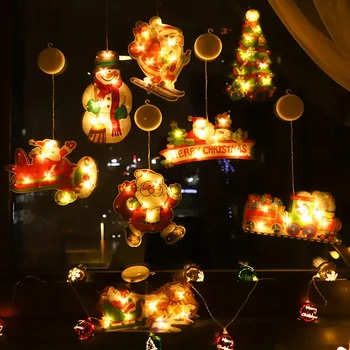 Рождественские декоративные фонари Светодиодные креативные присоски Санта Клаус Наклейки на окна в виде снеговика Подвесные фонари праздничной атмосферы