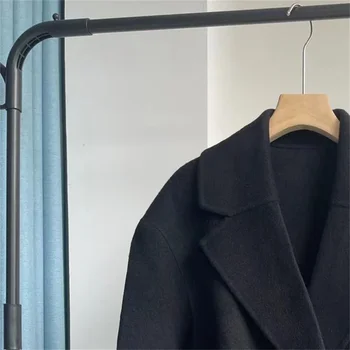 Черная шерстяная короткая куртка, женский отложной воротник, Модные пояса, Женское пальто с длинным рукавом, осень-зима 2023