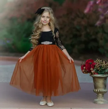 Ярко-оранжевый тюль, черное кружевное платье в цветочек для девочек, свадебное платье принцессы с круглым вырезом и длинным рукавом, платье для вечеринки в честь дня рождения с поясом