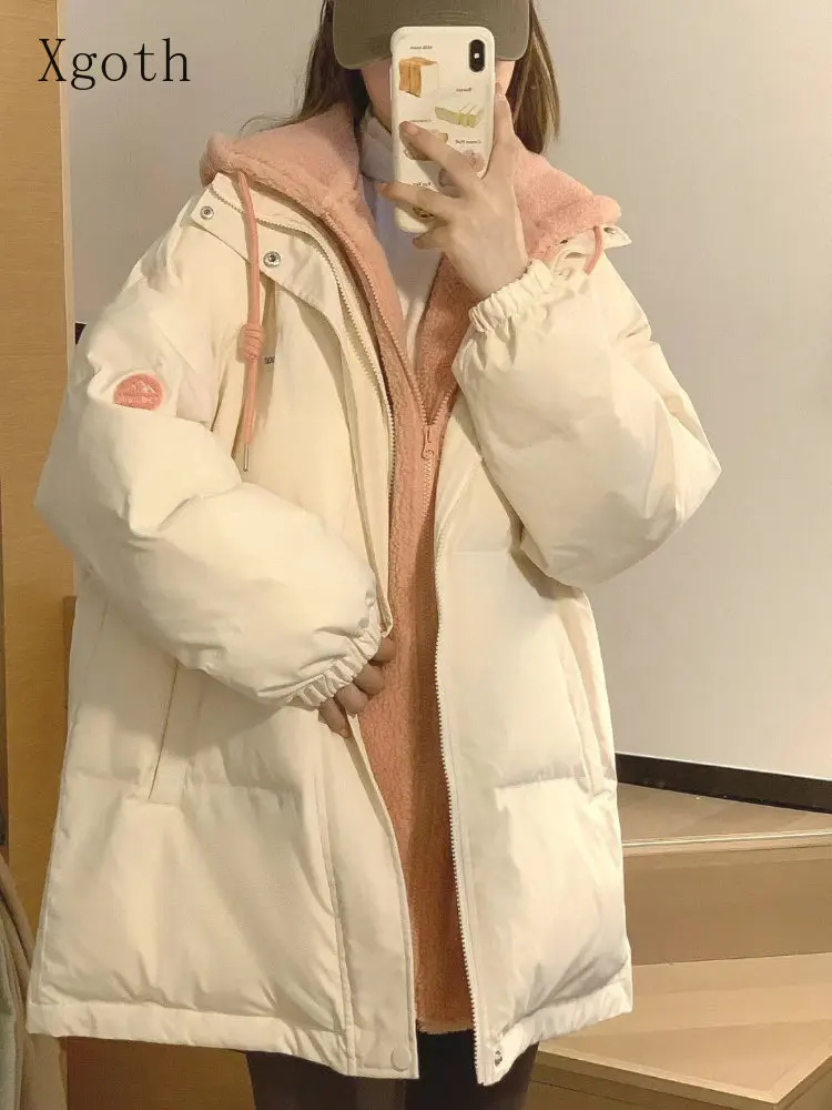 Xgoth, стеганая куртка с капюшоном, Корейские красочные утолщенные поддельные Длинные парки из двух частей, Женское зимнее новое опрятное утепленное пальто Изображение 0