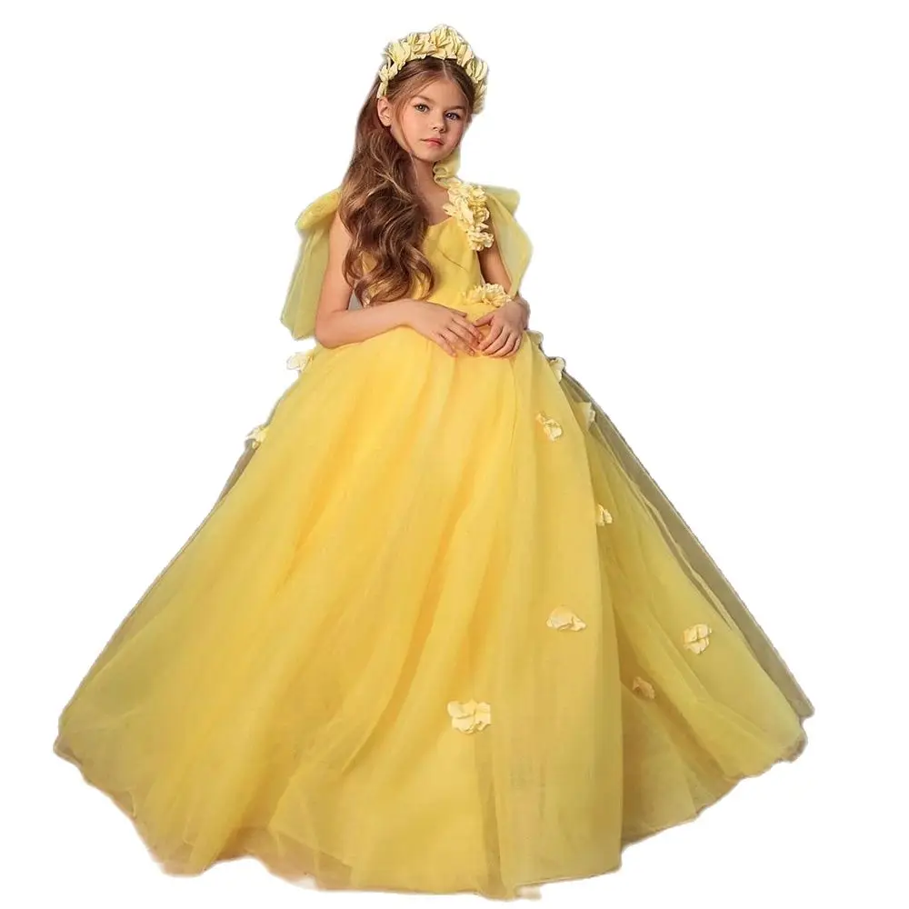 Желтые детские платья для девочек в цветочек, Слои тюля, платья для первого причастия, пышные рукава, Свадебные платья для девочек с бантом, Маленькие платья для невесты Изображение 0
