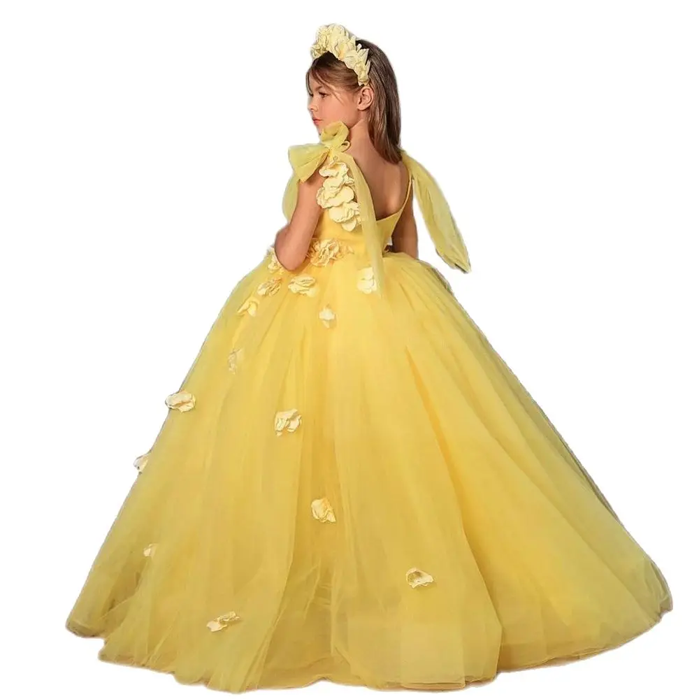 Желтые детские платья для девочек в цветочек, Слои тюля, платья для первого причастия, пышные рукава, Свадебные платья для девочек с бантом, Маленькие платья для невесты Изображение 1