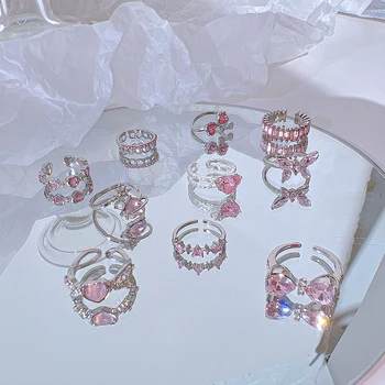 17KM Y2k Кольца с розовым кристаллом для женщин, девочек, Романтическое кольцо с бантом в виде сердца, Девичье кольцо с бабочкой, Новые Модные украшения, Подарки