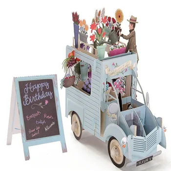 3D Всплывающая Красочная Поздравительная открытка с цветочным автомобилем, открытка на День рождения, Конверт для лазерной резки, Открытка с полыми резными подарками Киригами ручной работы