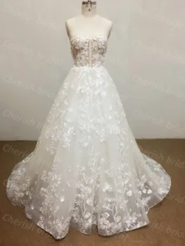 C3071A Элегантное кружевное платье для невесты А-силуэта с 3D цветами, свадебное платье на шнуровке без бретелек