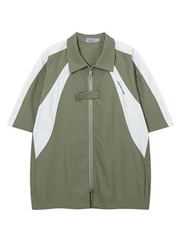 Harajuku Oversize Y2k Уличная одежда Рубашка Пальто в стиле хип-Хоп Американский Стиль Двойная молния Лоскутная куртка с коротким рукавом 2023 Свободный топ
