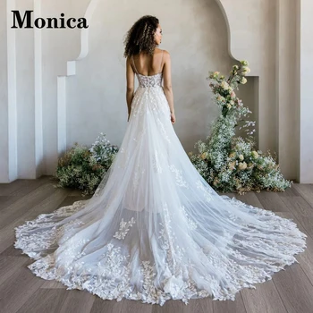 MONICA Гламурное свадебное платье на тонких бретельках для невесты с кружевными аппликациями, Трапециевидный вырез, Тюлевые платья De Novia По Индивидуальному заказу