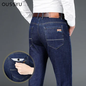 Oussyu 2022 Осень-зима Деловые Прямые джинсы Мужские с противоугонным карманом на пуговице, хлопковые синие джинсовые брюки большого размера, брендовая одежда