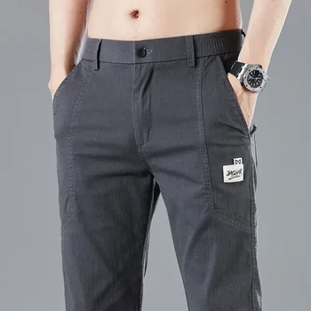 Весенне-летние мужские тонкие повседневные брюки с эластичной резинкой на талии, Корейские модные хлопковые стрейчевые деловые брюки, мужские серо-синие