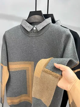 Высококачественная геометрическая квадратная контрастная рубашка, свитер с горловиной для мужчин, осень и зима, новый модный вязаный теплый пуловер