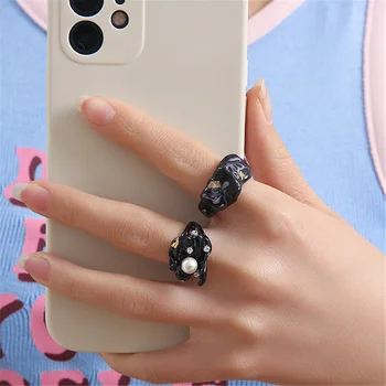 Готические Черные Кольца с геометрической эмалью Для Женщин И девочек, Открытая манжета, Кольцо на палец, Ювелирный подарок в Корейском стиле, Bague