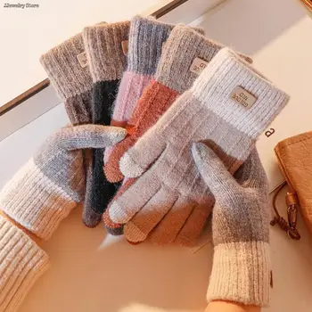 Женские Мужские Теплые Зимние перчатки с сенсорным экраном, Эластичные Вязаные Варежки, Шерстяные перчатки на полный палец, женские перчатки для вязания крючком