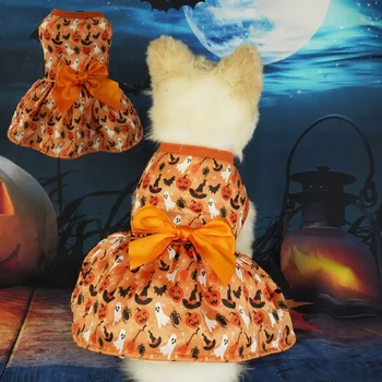 Забавное платье для домашних животных на Хэллоуин, платье с принтом тыквы, сетчатая одежда для вечеринок с бантом чихуахуа Йорки, костюм кошки и собаки, vestidos para perritas