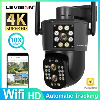 Камеры видеонаблюдения LS VISION 4K 8MP Wifi Водонепроницаемая внешняя IP-камера Двойные экраны 3-объективный PTZ-10-кратный зум с автоматическим отслеживанием 