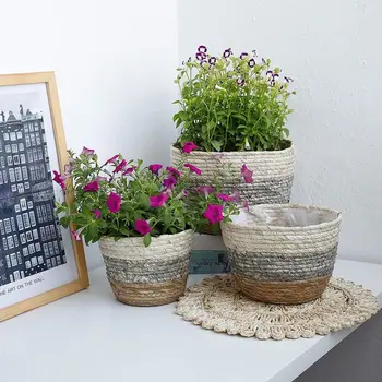 Круглые плетеные цветочные горшки Плетеная цветочная корзина, эстетичный декор комнаты, горшок для растений из ротанга для дома