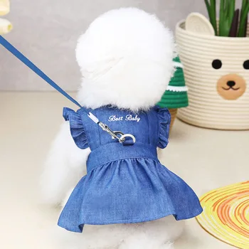 Маленькое голубое платье из тонкой джинсовой ткани для маленьких собак, милая юбка-принцесса для собак, одежда для щенков и девочек с кольцом для поводка, летняя одежда для домашних кошек