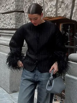 Модное пальто в стиле пэчворк с однотонными складками для женщин, элегантная куртка с круглым вырезом и плюшевым рукавом 2023, осенне-зимняя женская офисная верхняя одежда