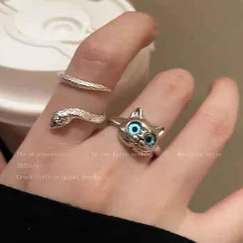 Мультяшный Кот Змея Металлическое Открытое кольцо Модный дизайн Индивидуальность Голубые глаза Регулируемые кольца на палец для женщин Ювелирные изделия Оптом