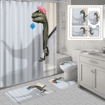 Набор водонепроницаемых занавесок для душа с динозавром в ванной комнате с 12 крючками, нескользящий коврик, ковролин, чехол для сиденья унитаза, моющийся декор для дома