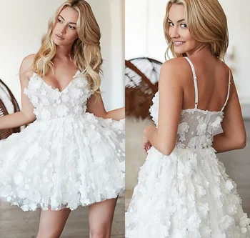 Новые белые мини-платья для встречи выпускников с V-образным вырезом, кружевные спагетти, с 3D цветочной аппликацией, платье для выпускного вечера, помолвки, дня рождения