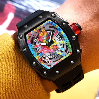 Новый Известный Роскошный Топовый бренд Tonneau Модные Мужские кварцевые часы с циферблатом и граффити, Автоматическая дата, Черный силиконовый ремешок, Спортивные наручные часы