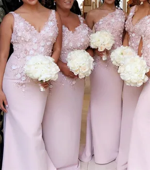 Обнаженно-розовые Женские платья Невесты-русалки 2023 года, Современные платья Длиной до пола С цветами И V-образным вырезом, Vestido de la dama de honor На заказ SU04
